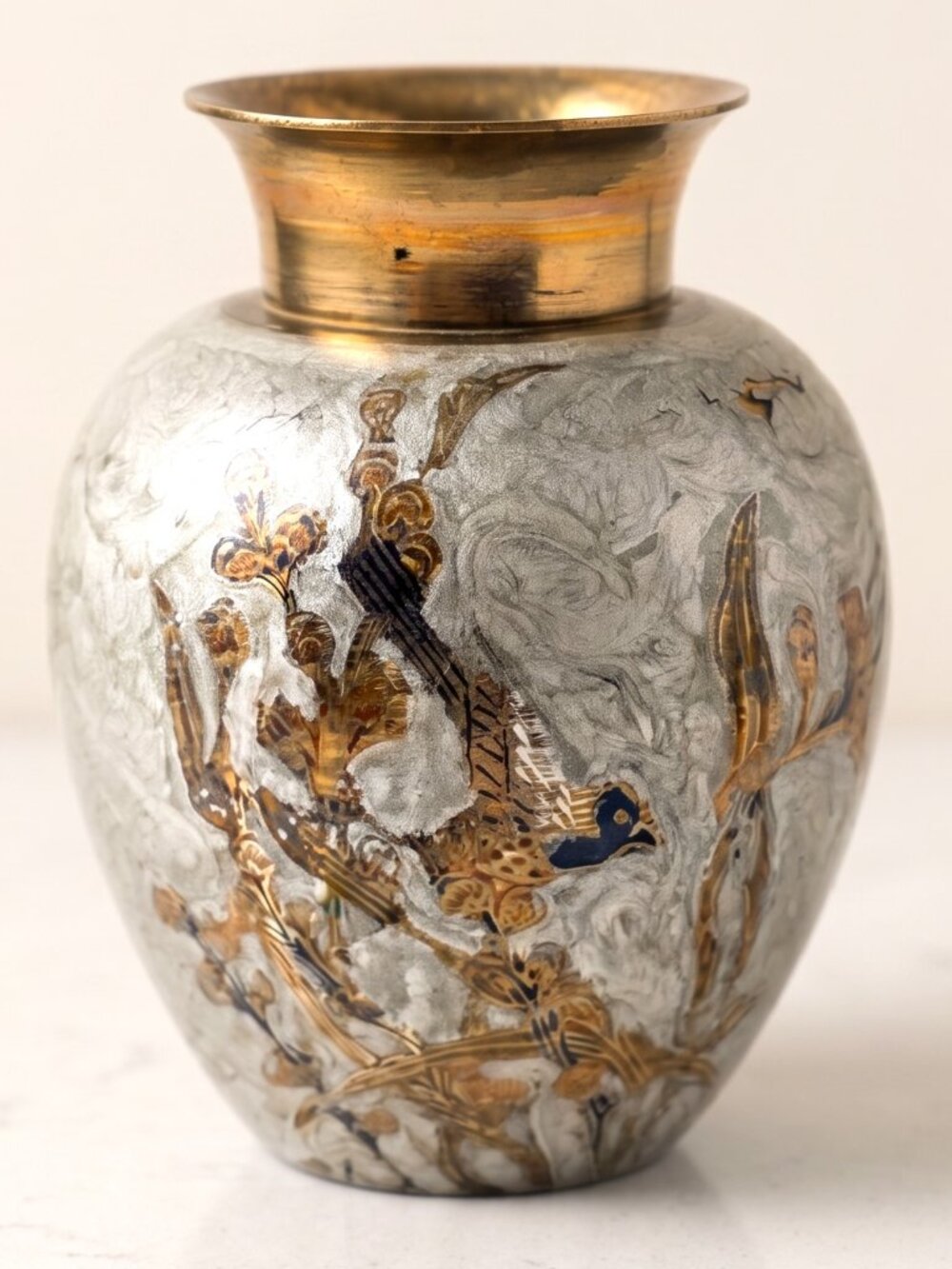 Vintage Indian Brass Enamel Peacock Bird Floral Vase Hand Etched Gray 5in Accent